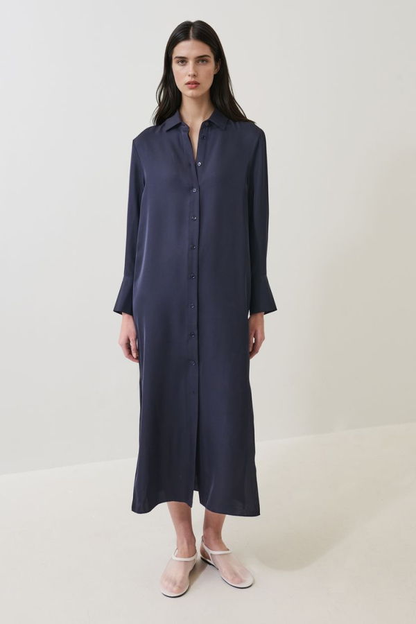 Patrick Assaraf Silk Long Sleeve Shirt Dress - Dark Navy