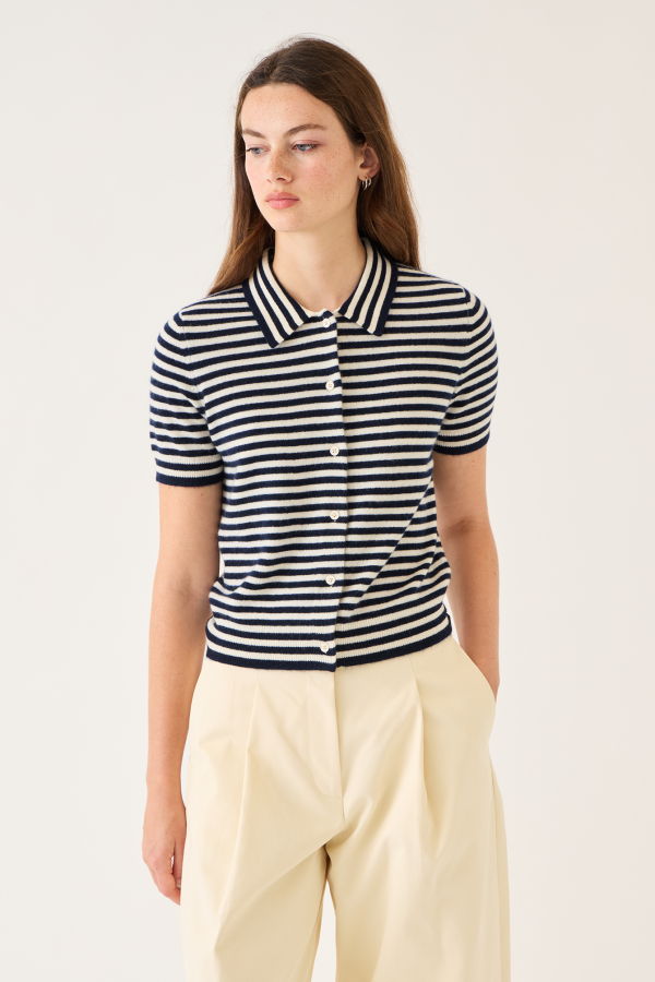 demylee Leslie Stripe Cashmere Cardigan - Ivory / Navy