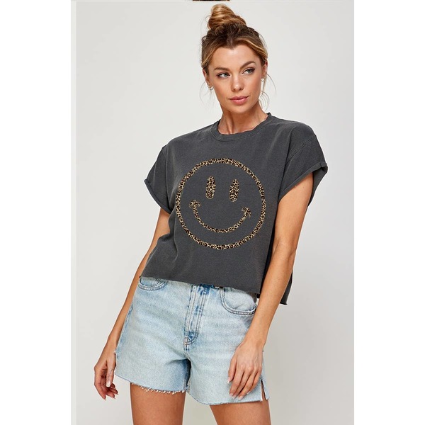 Illustrated Society Smile Face Vintage Graphic Crop Tee - Pepper
