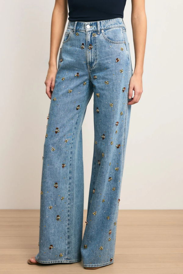Veronica Beard Kasey Embellished Wide Leg Jeans - Silver Dust