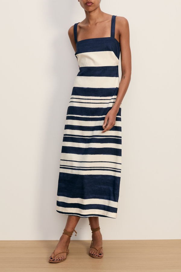 Veronica Beard Ella Striped Linen Midi Dress - Navy/Dove White