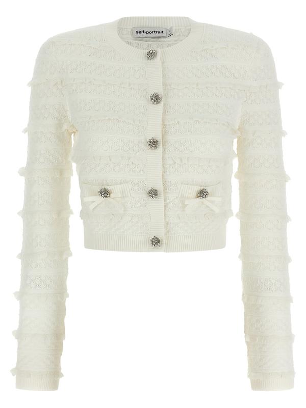 Self-Portrait Pointelle Diamante Cardigan - White Self-Portrait Pointelle Diamante Cardigan - White