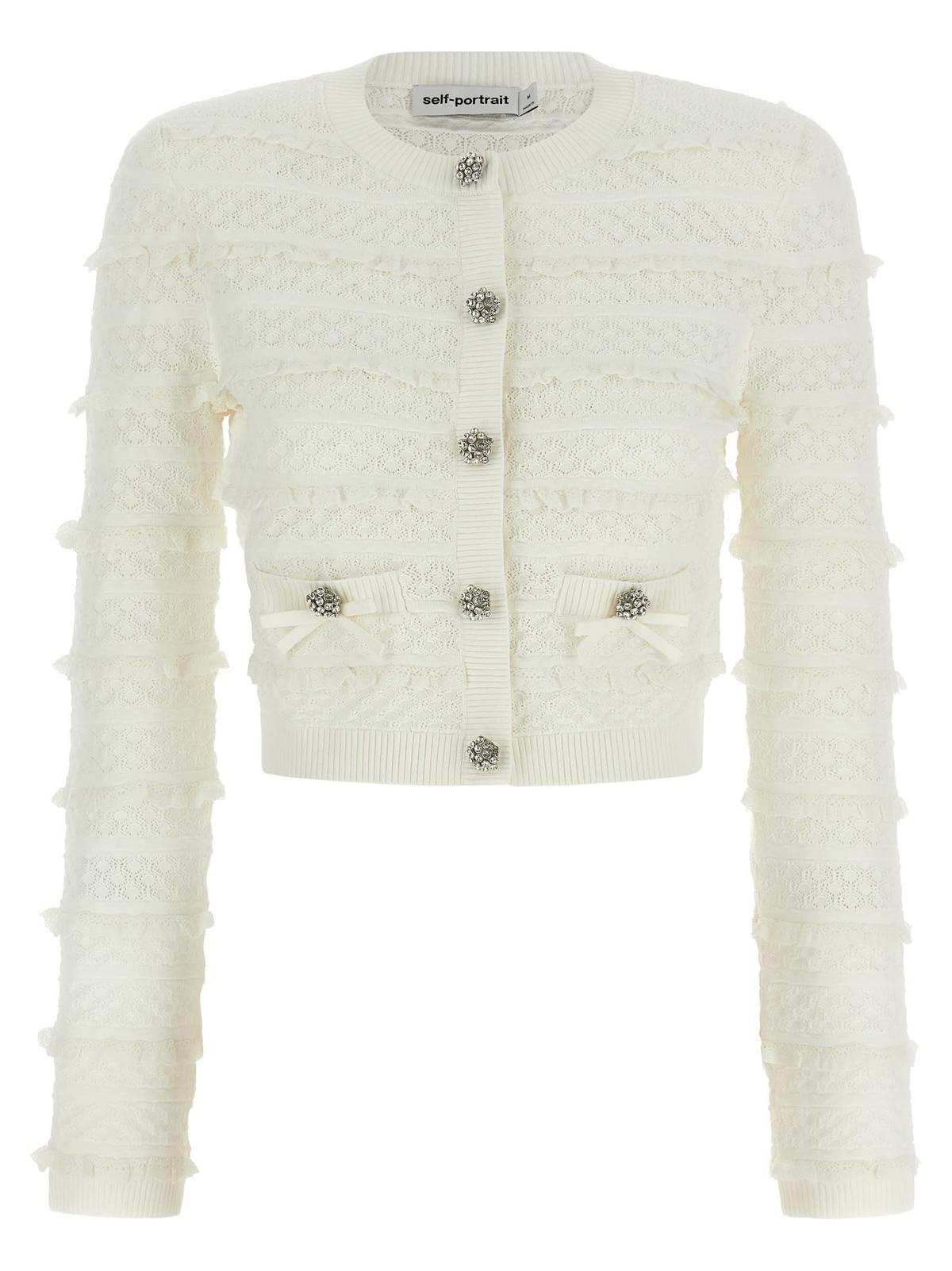 Self-Portrait Pointelle Diamante Cardigan - White - Image 1 of 4