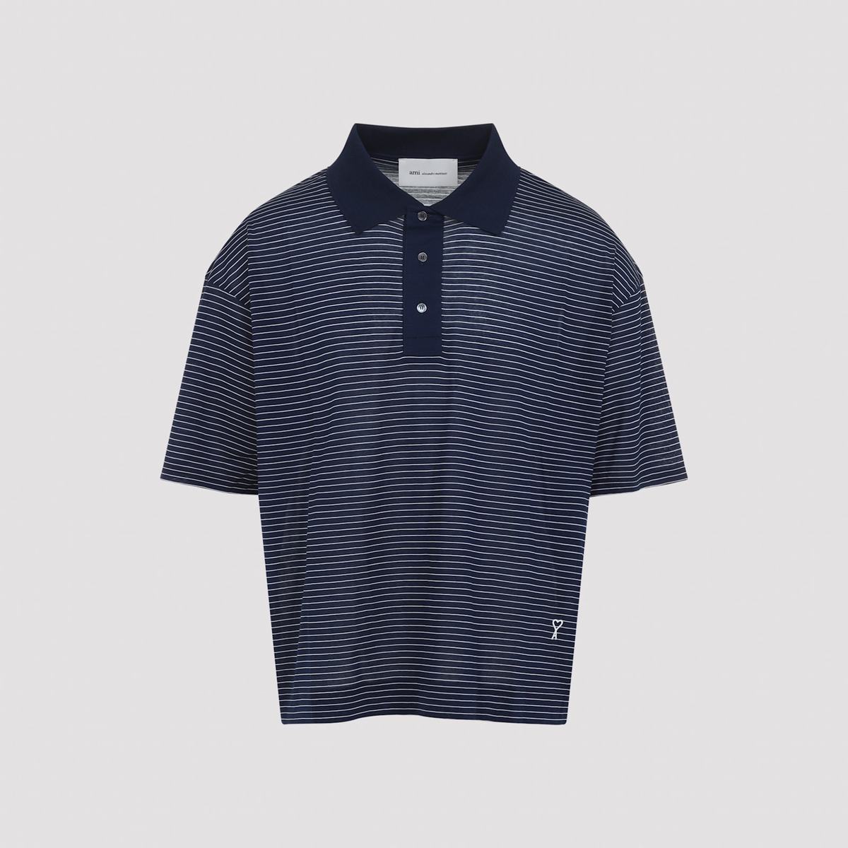 Ami Alexandre Mattiussi Striped Boxy Fit Polo Shirt - Encre Blanc - Image 1 of 5