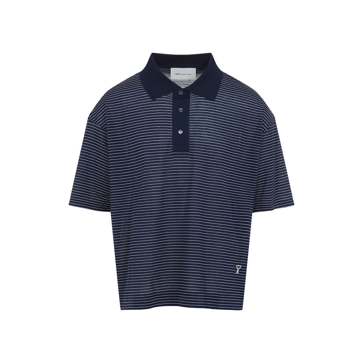 Ami Alexandre Mattiussi Striped Boxy Fit Polo Shirt - Encre Blanc - Image 2 of 5