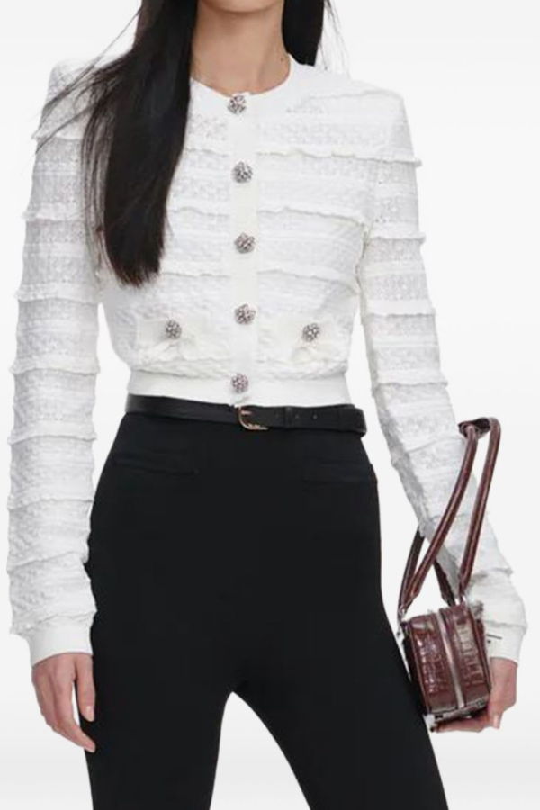 Self-Portrait Crewneck Cardigan - White