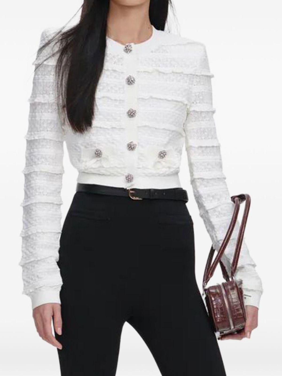 Self-Portrait Crewneck Cardigan - White - Image 1 of 3