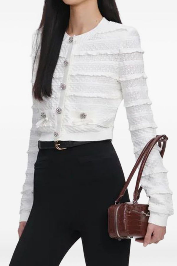 Self-Portrait Crewneck Cardigan - White