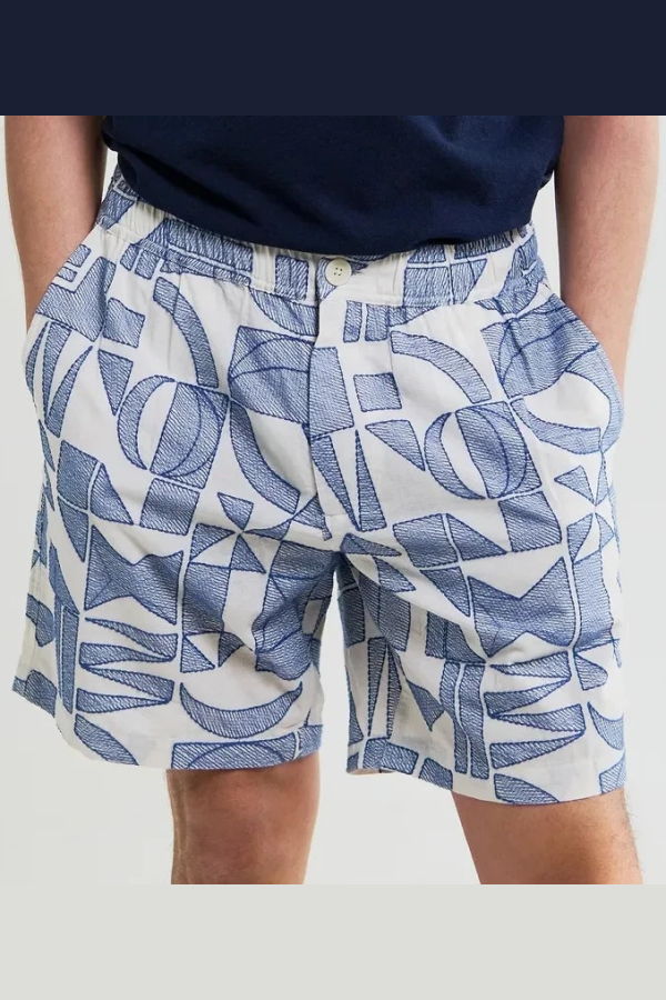 Wax London Kurt Ecru Blue Geometric Embroidered Shorts