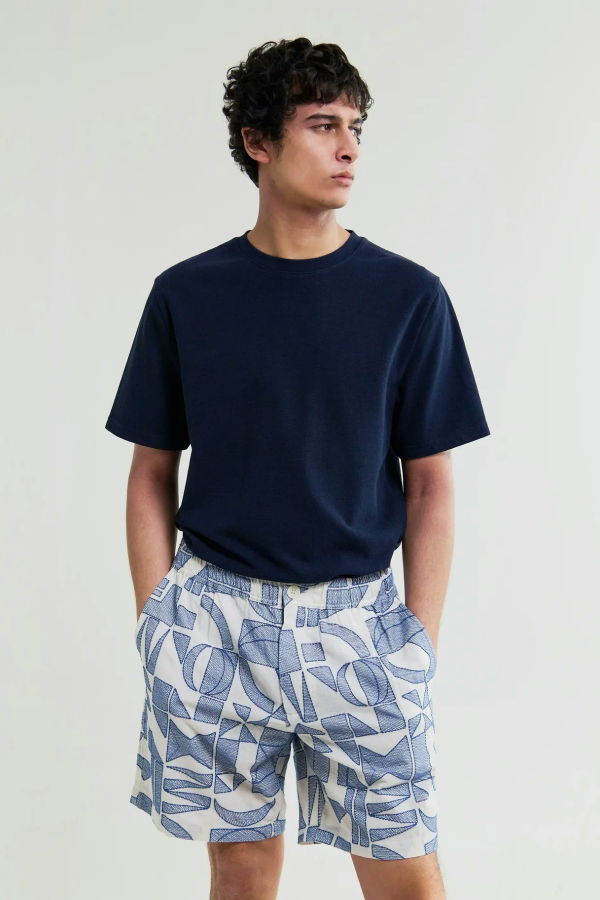 Wax London Kurt Ecru Blue Geometric Embroidered Shorts