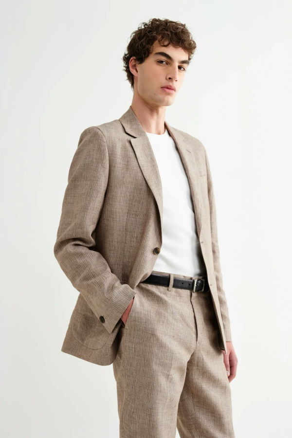 Wax London Fintry Blazer Natural Brown Linen Stripe
