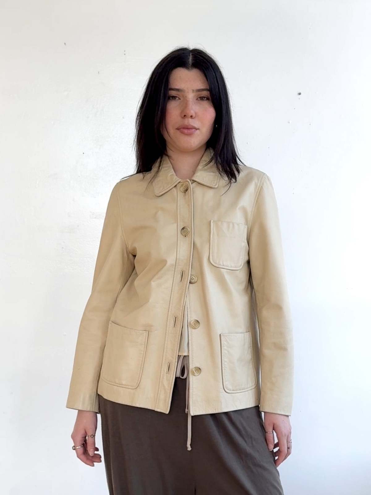 Vintage Cream 90s Gap Leather Jacket - Image 2 of 6