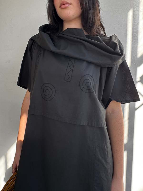 Vintage Miyake Plantation Swirl Embroidered Dress - Black