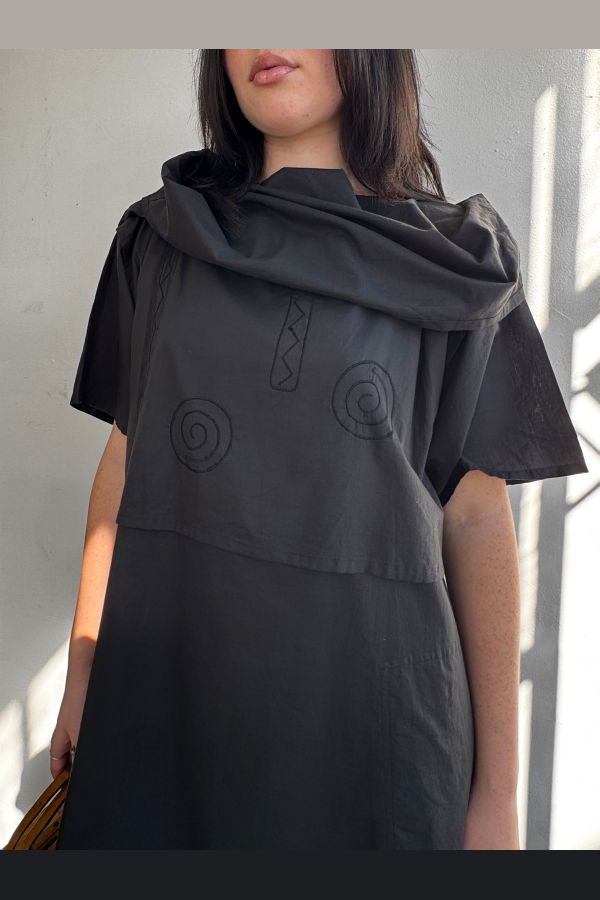 Vintage Miyake Plantation Swirl Embroidered Dress - Black