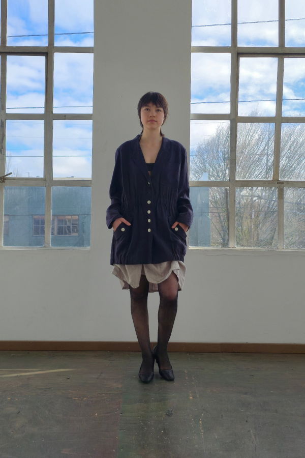 Vintage Navy Silk White Buttoned Jacket