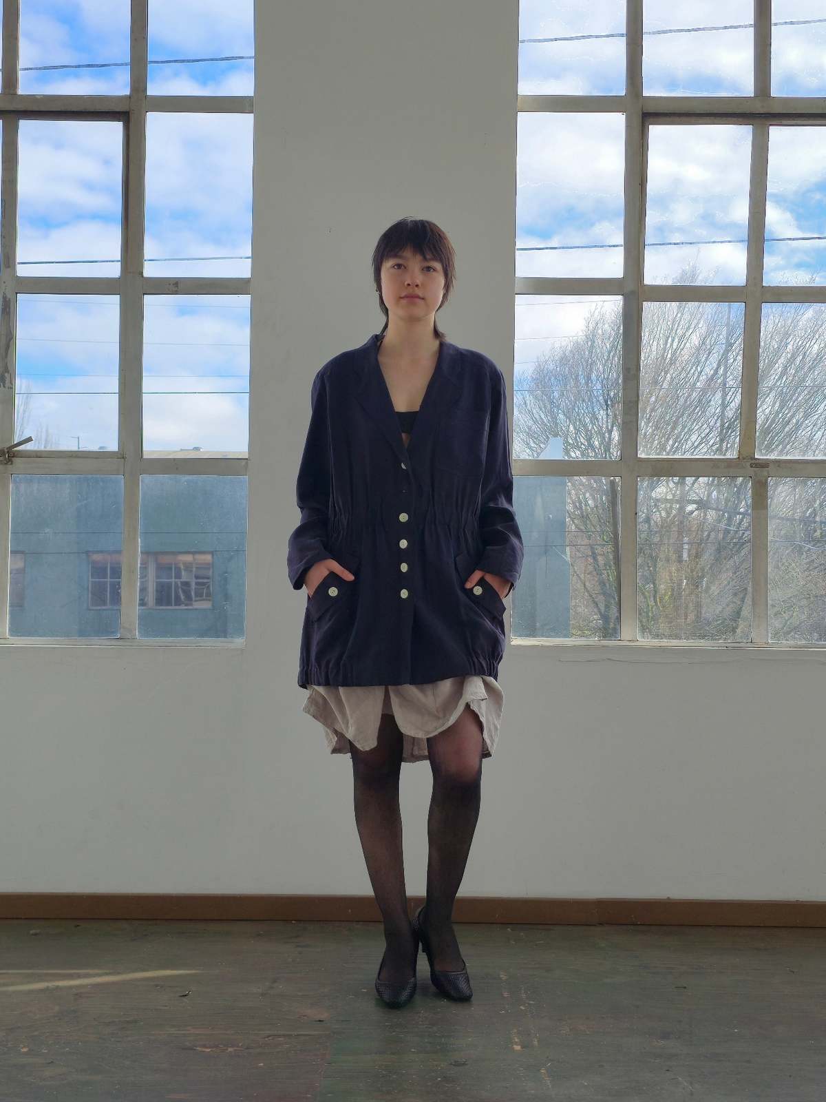 Vintage Navy Silk White Buttoned Jacket - Image 1 of 5