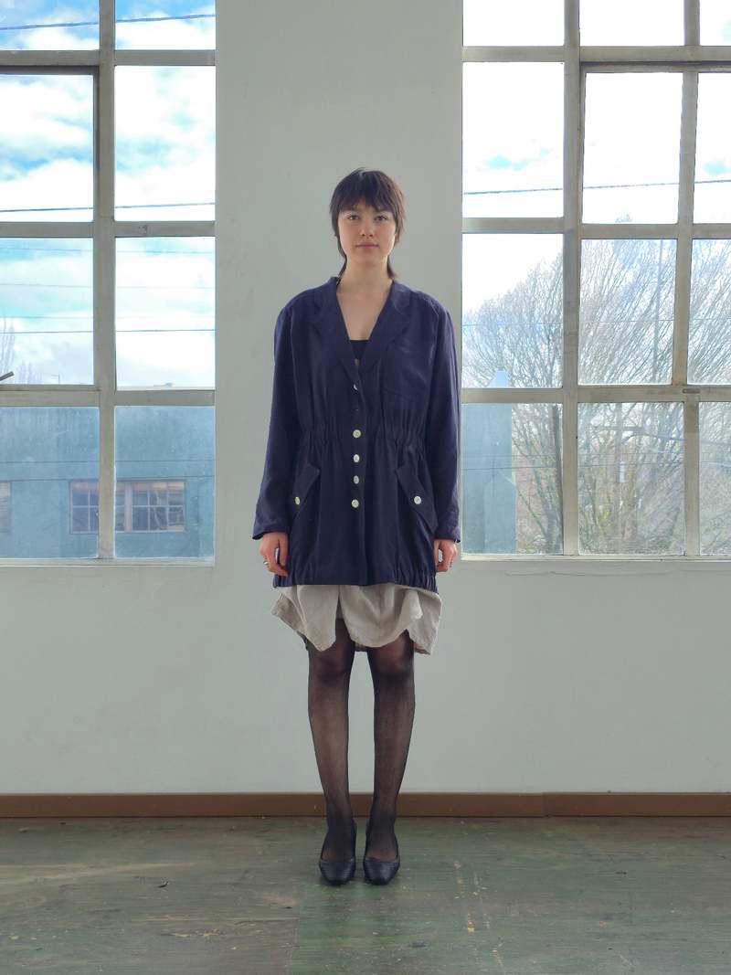 Vintage Navy Silk White Buttoned Jacket