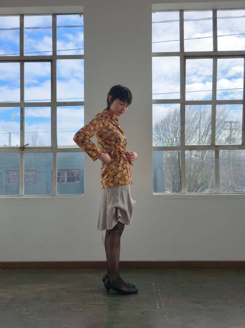 Vintage Oat Linen Ruched Skirt