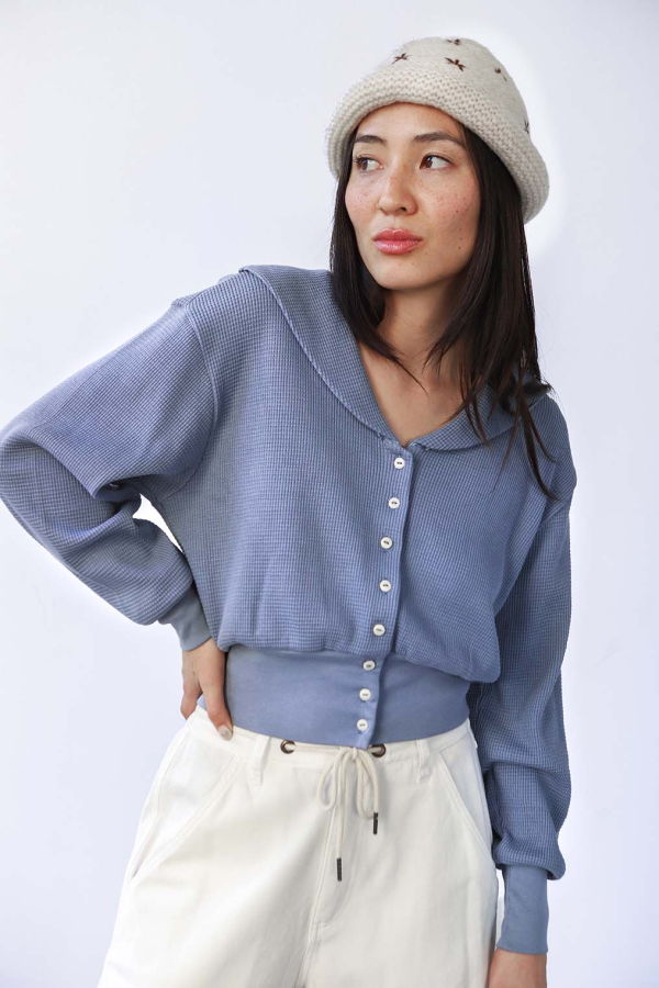 Noble Waffle Sailor Cardigan - Pebble Blue