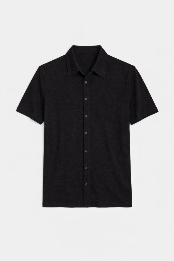 Blue&Cream Short Sleeve Buttondown Slub Jersey - Black