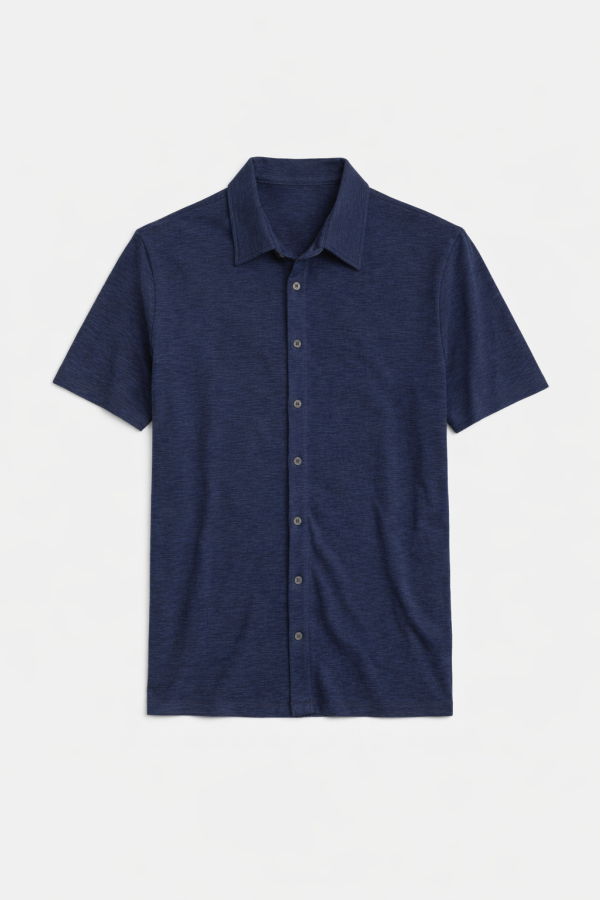 Blue&Cream Short Sleeve Buttondown Slub Jersey - Navy