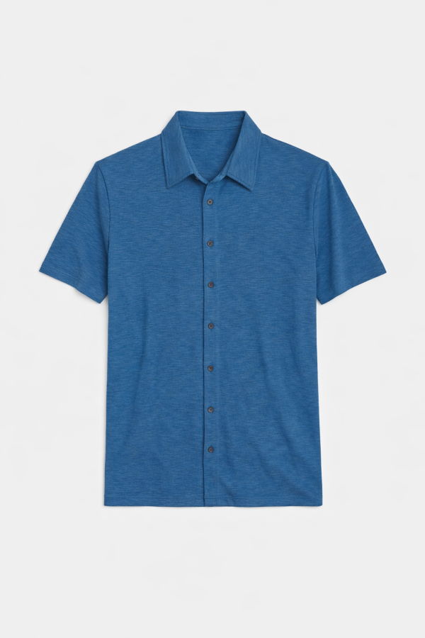 Blue&Cream Slub Jersey Short Sleeve Buttondown - Sea Blue