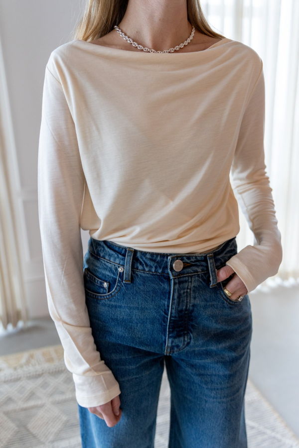 House of Dagmar Long Sleeve Square Neck Top - Cream White