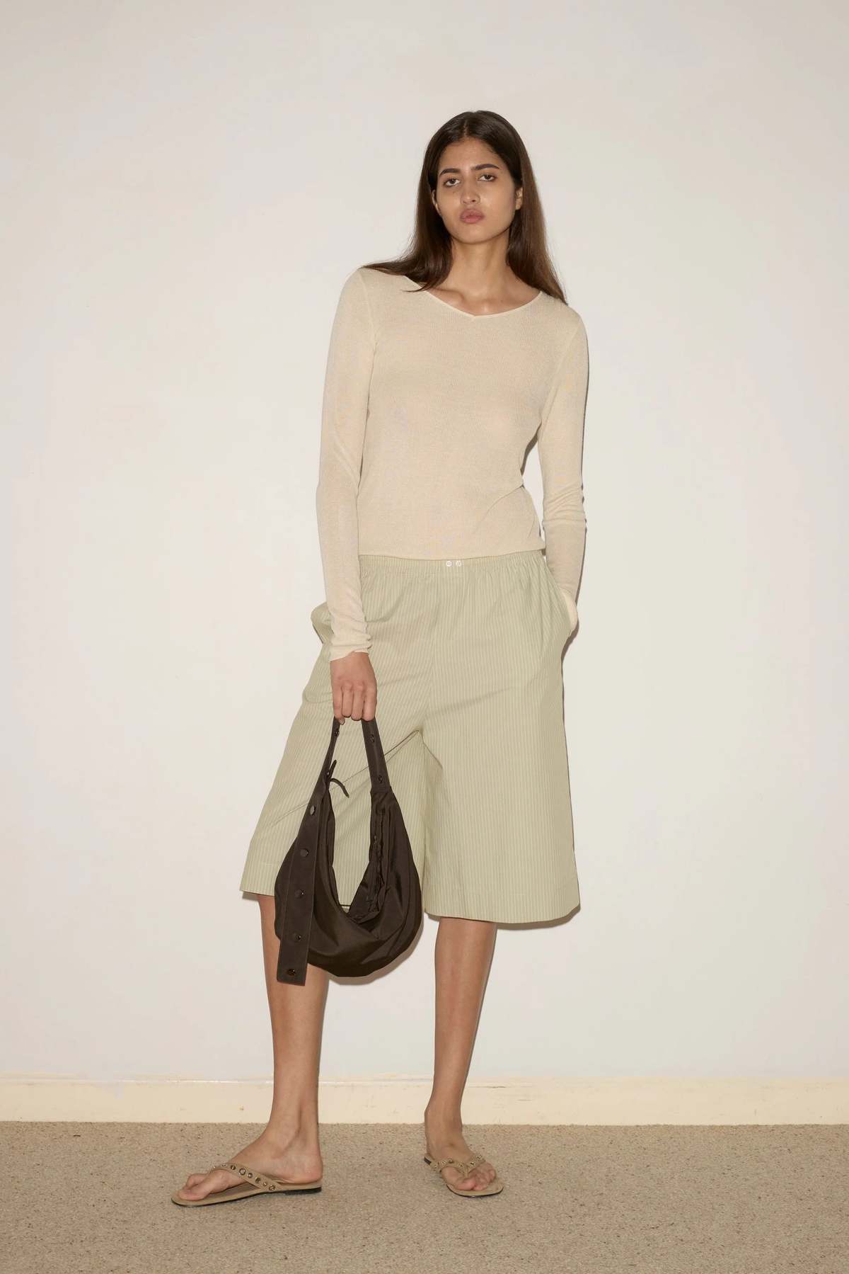 Deiji Studios Long Lounger Shorts - Pistachio Stripe - Image 1 of 4