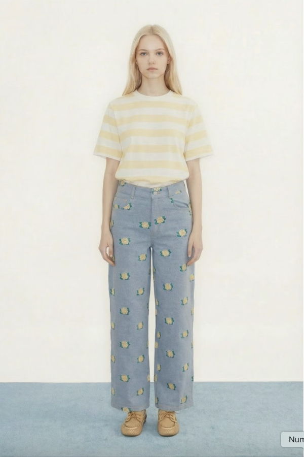 The Tiny Big Sister Striped Berta Denim Floral Jeans - Light Wash Denim