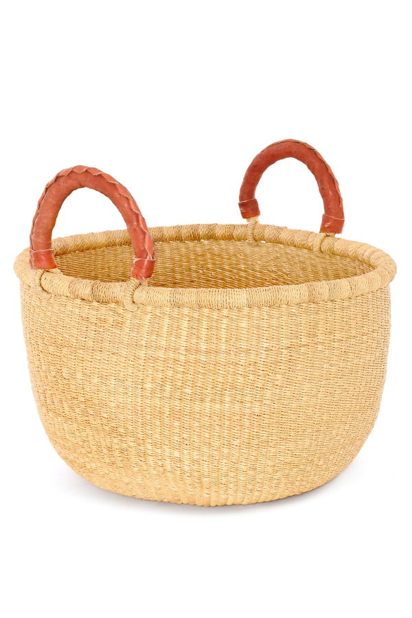 African Modern All Natural Bolga Basket with Leather Wrapped Handles