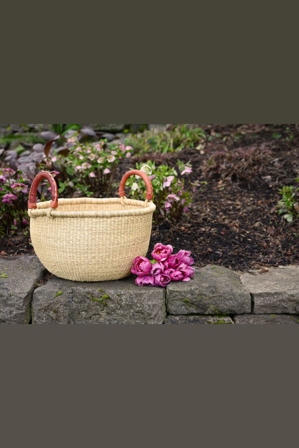 African Modern All Natural Bolga Basket with Leather Wrapped Handles