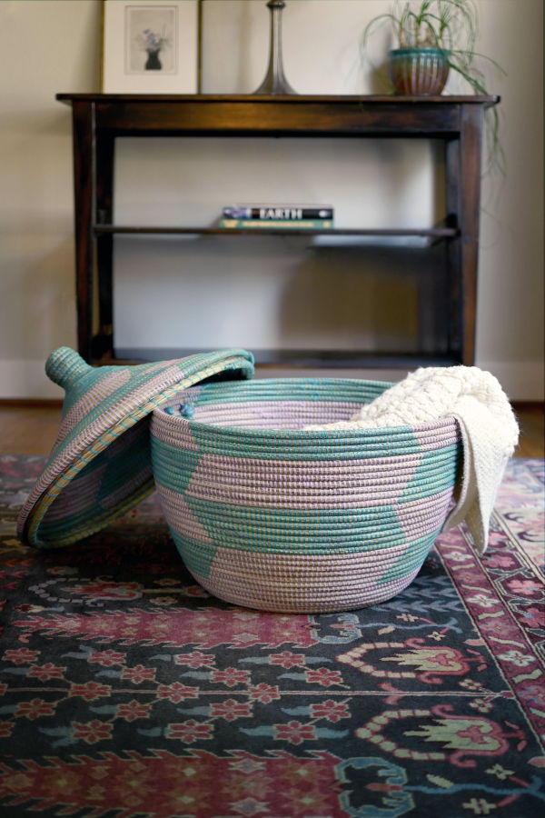 African Modern Aqua & Lavender Herringbone Storage Basket