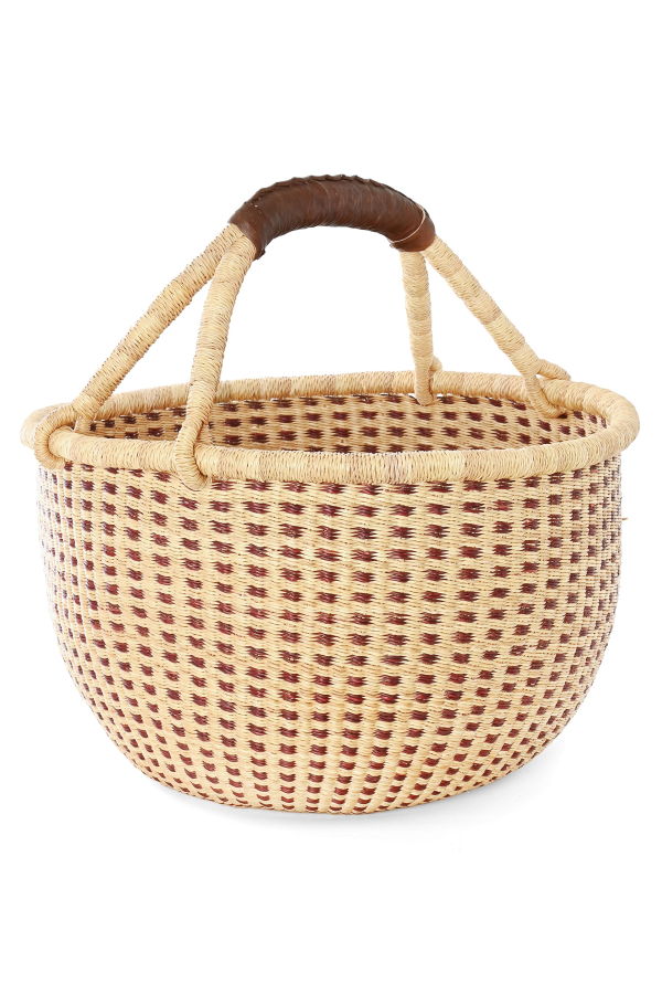 African Modern Chestnut and Natural Checked Bolga Basket