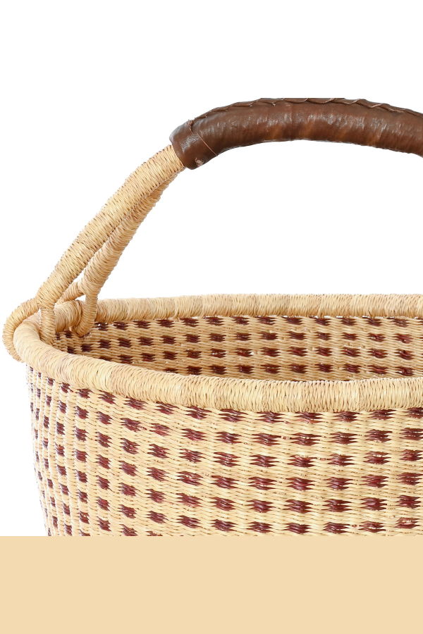African Modern Chestnut and Natural Checked Bolga Basket
