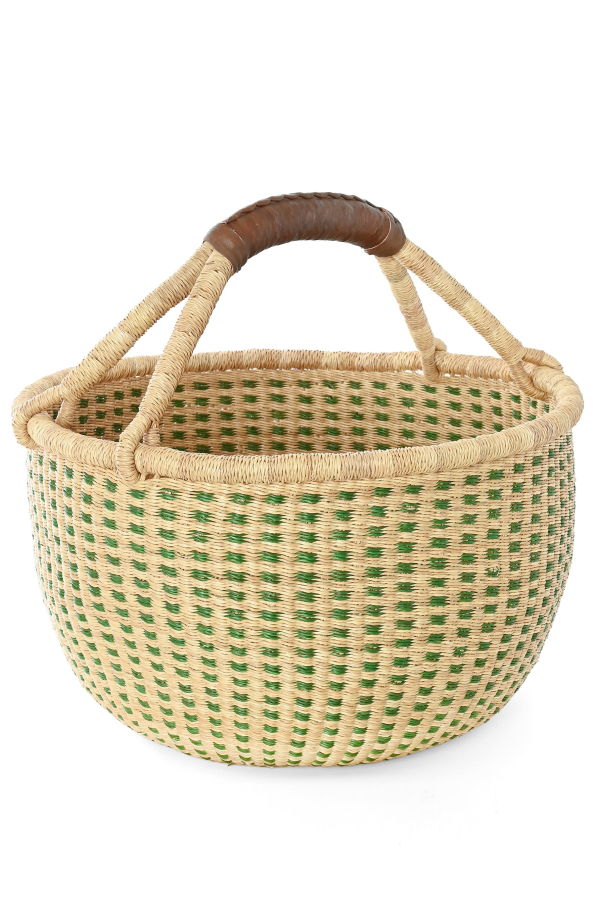 African Modern Forest Green and Natural Checked Bolga Basket