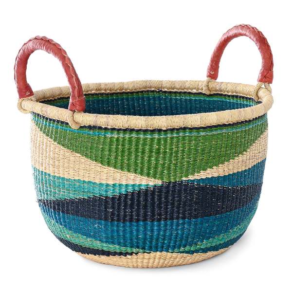 African Modern Shades of Blue Triangle Design Bolga Basket with Leather Handles