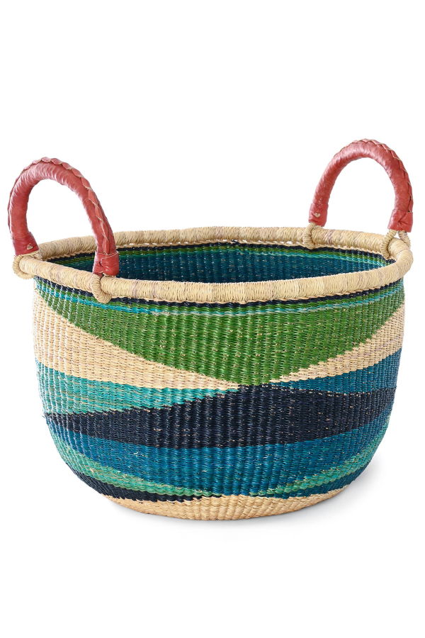 African Modern Shades of Blue Triangle Design Bolga Basket with Leather Handles