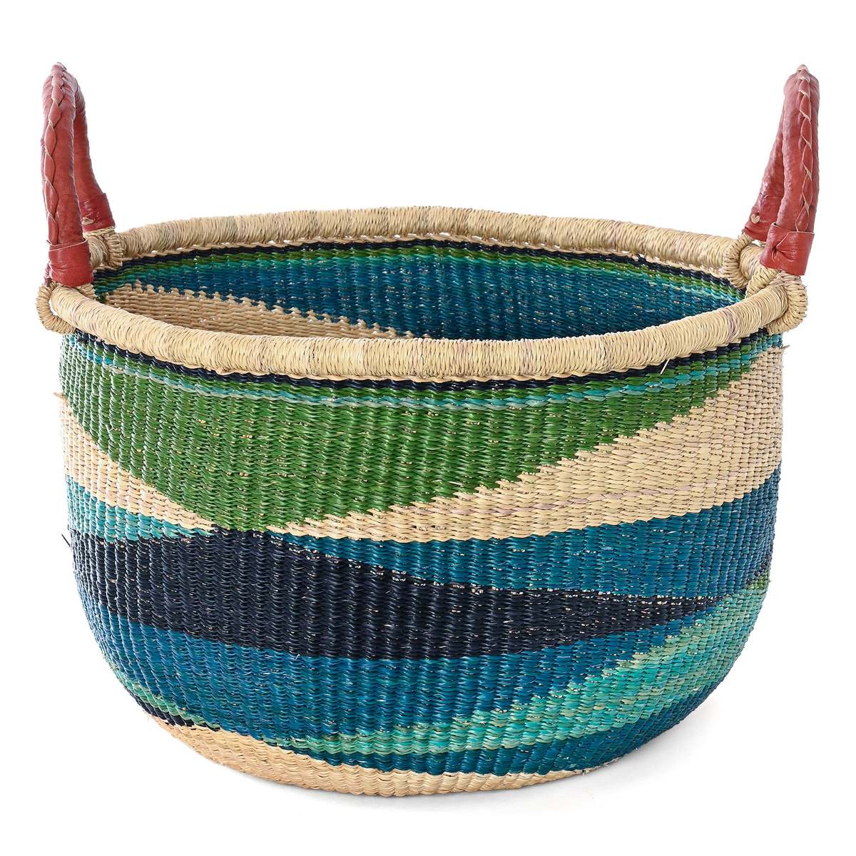 African Modern Shades of Blue Triangle Design Bolga Basket with Leather Handles - Image 3 of 4