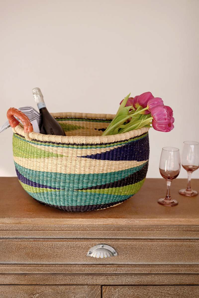 African Modern Shades of Blue Triangle Design Bolga Basket with Leather Handles