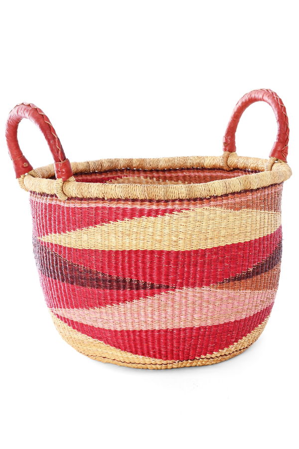 African Modern Shades of Red Triangle Design Double Handle Bolga Basket