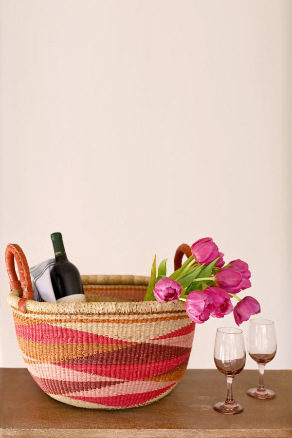 African Modern Shades of Red Triangle Design Double Handle Bolga Basket