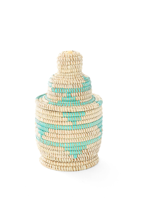 African Modern Small Cream and Aqua Lidded Tower Basket