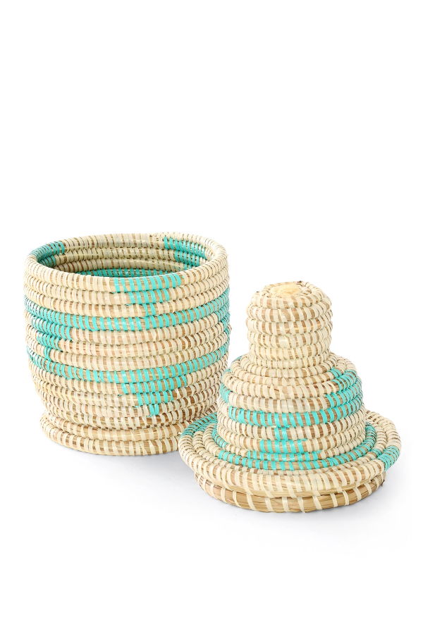 African Modern Small Cream and Aqua Lidded Tower Basket