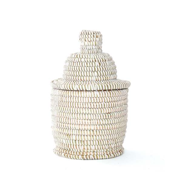 African Modern Small White Lidded Tower Basket