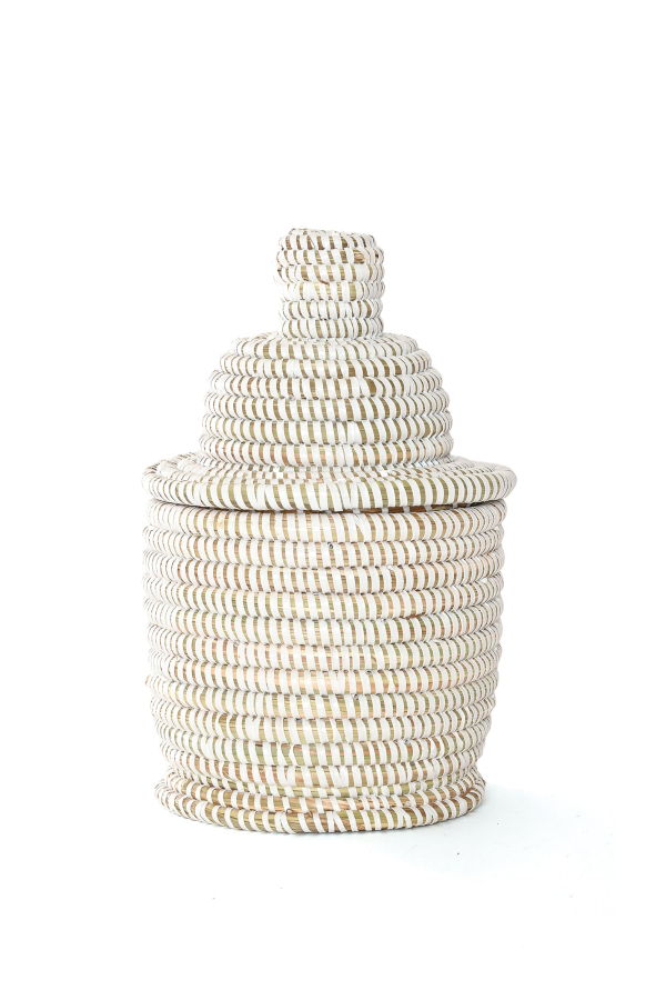 African Modern Small White Lidded Tower Basket