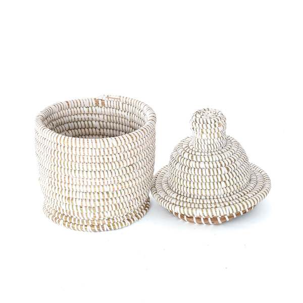 African Modern Small White Lidded Tower Basket
