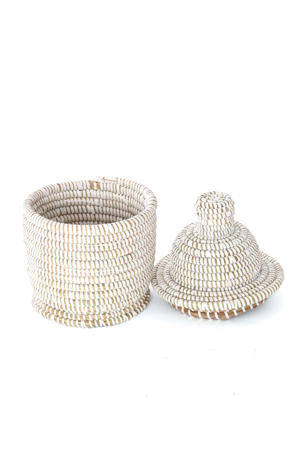 African Modern Small White Lidded Tower Basket