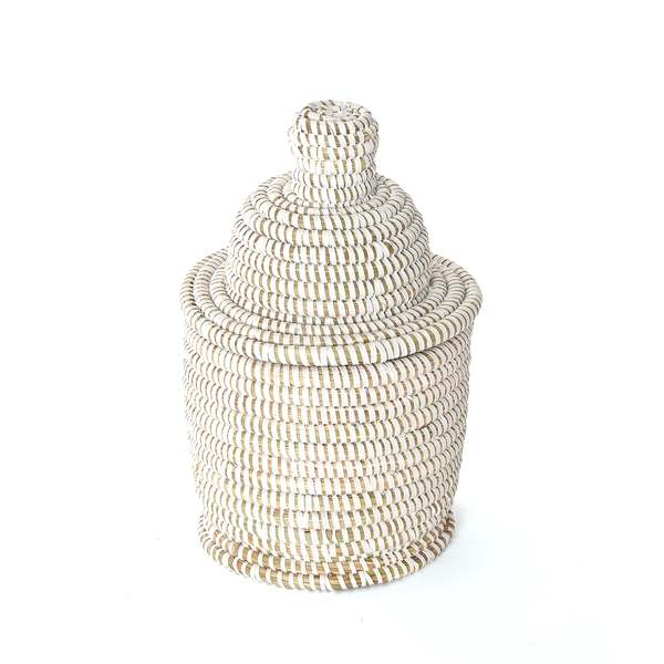 African Modern Small White Lidded Tower Basket