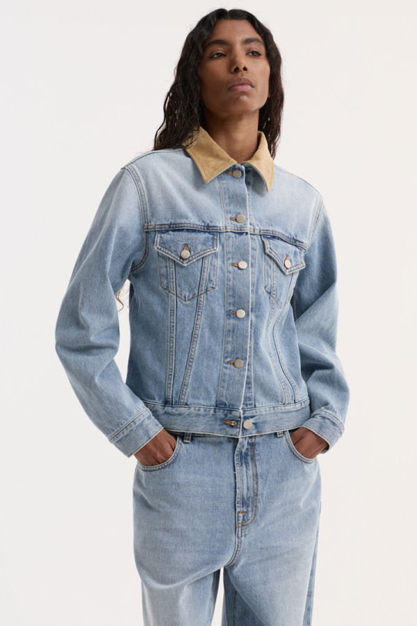 Rohe Suede Collar Fitted Denim Jacket - Classic Blue