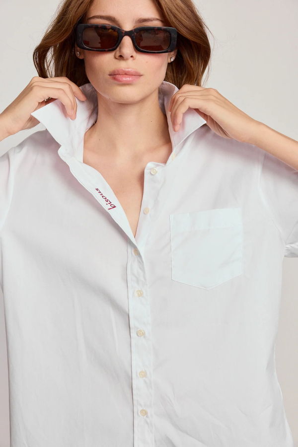 The Shirt Boyfriend Shirt Bisous Embroidery Top - White with Bisous Embroidery
